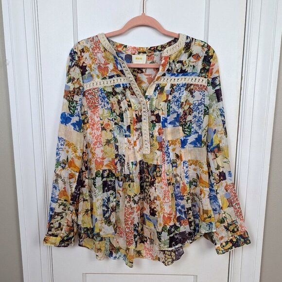 Anthropologie Maeve | Abella Pintuck Floral Blouse Patch Bohemian Size 8 - Picture 1 of 9